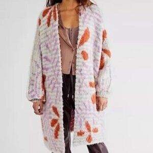 FREE PEOPLE Floral Knit Cardigan in Orange and Purple. Size 6